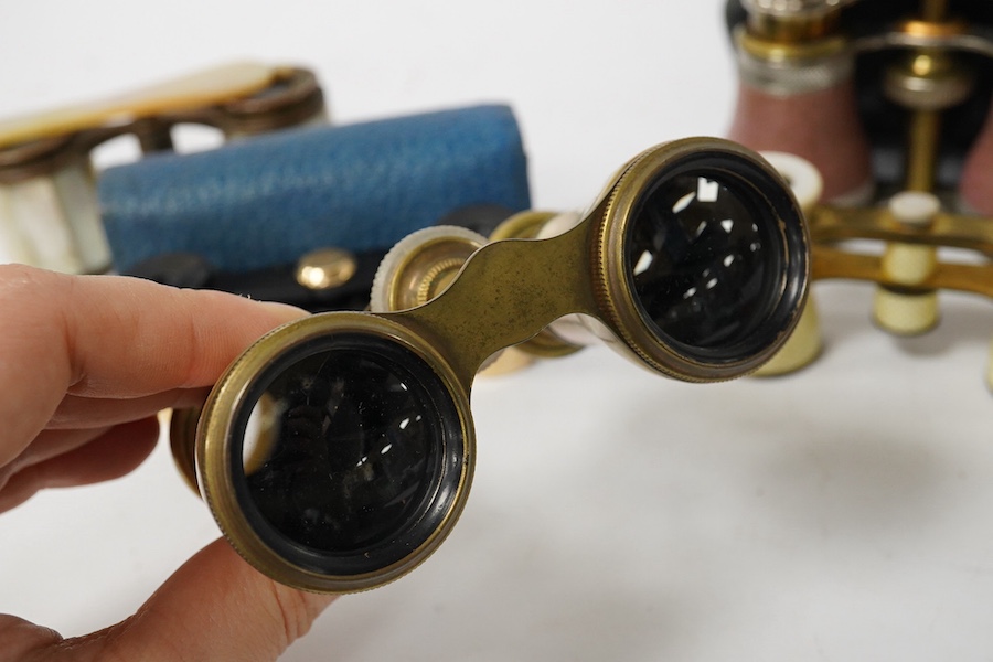 Six late 19th / early 20th century opera glasses including mother-of-pearl examples. Condition - fair to good